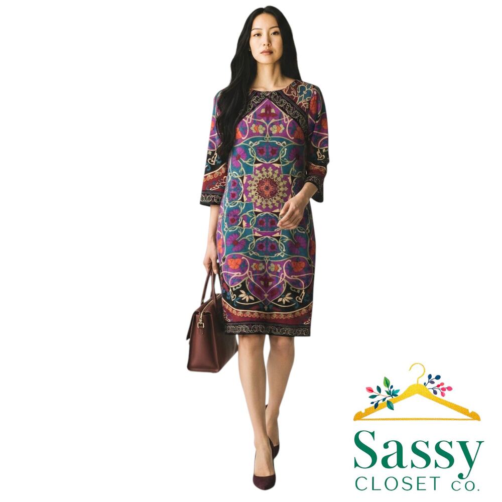 NICOLE MILLER Geometric Floral Shift Dress 8 3/4 Sleeve Jersey Knit EUC